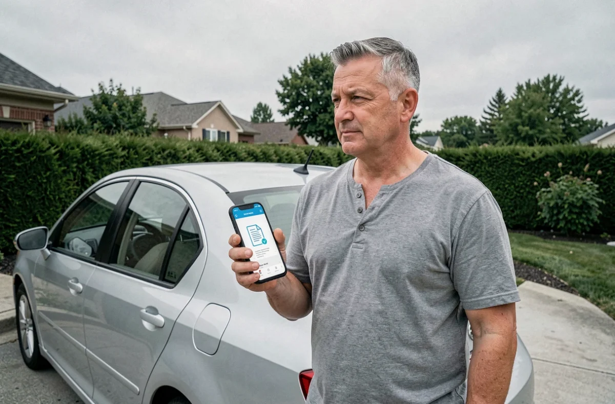 Uomo accanto alla sua auto con smartphone che mostra un'app di assicurazione auto online