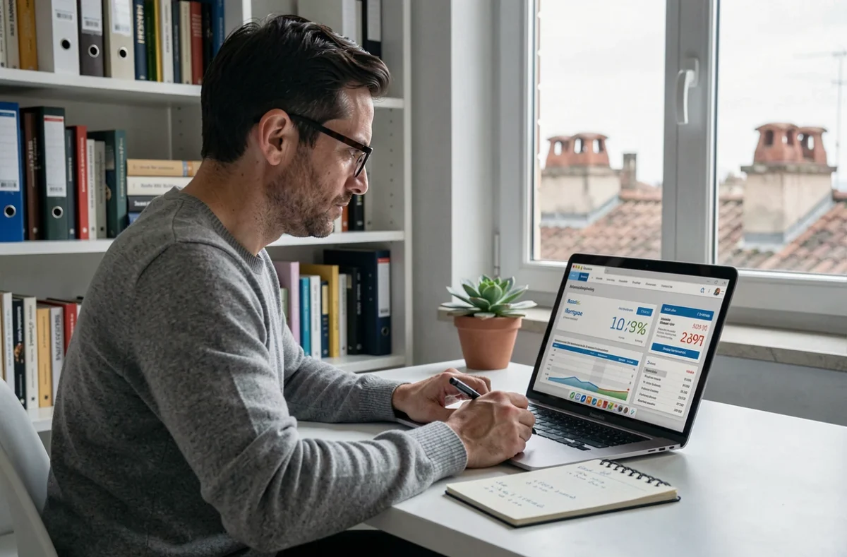 Uomo che confronta offerte di mutuo casa online con calcoli scritti a mano nel suo studio domestico