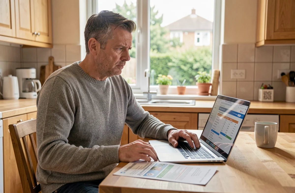 Uomo che confronta online preventivi assicurativi con franchigia seduto in cucina con laptop e documenti