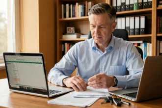 Uomo di 40 anni che esamina documenti di assicurazione auto su una scrivania in legno con laptop e chiavi dell'auto