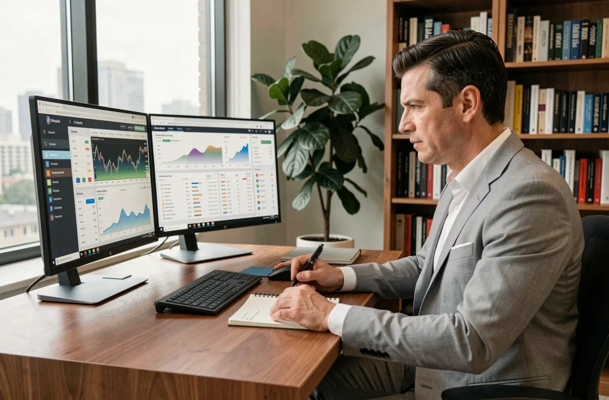 Uomo in ufficio domestico che monitora il mercato azionario su doppio schermo con app bancaria, investimento online in borsa