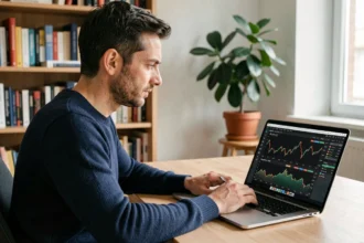 Uomo italiano che analizza grafici di Monero su laptop in home office, criptovaluta della privacy