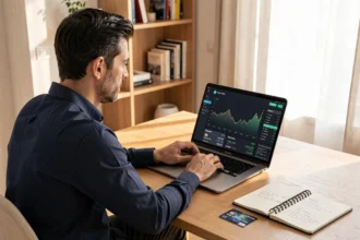 Uomo italiano che utilizza una carta di credito per acquistare criptovalute su laptop in un ufficio domestico moderno
