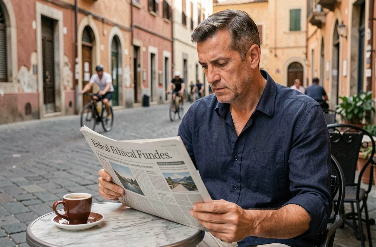 Uomo italiano che legge un giornale finanziario sulla finanza sostenibile e i fondi etici seduto in una piazza italiana