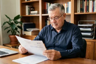 Uomo di 58 anni esamina documenti per la pensione anticipata alla scrivania di casa, tema pensione 2026
