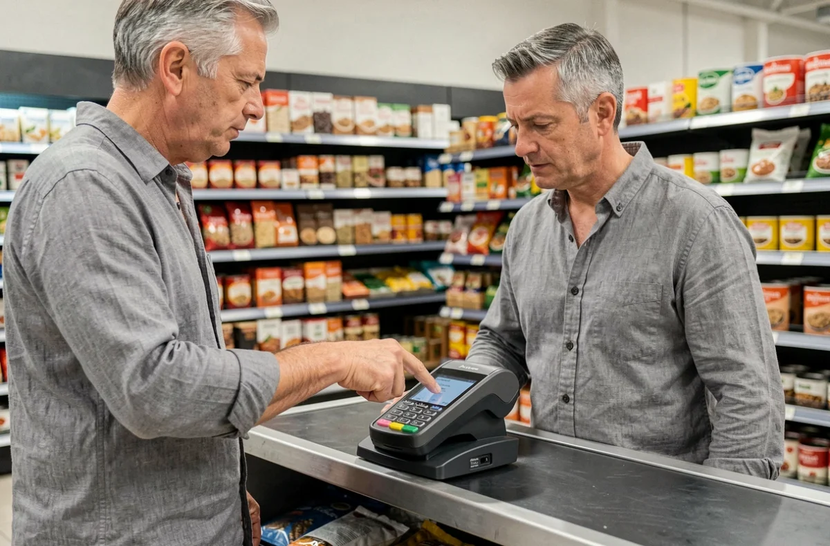 Uomo che utilizza una carta di credito cashback per un pagamento contactless al supermercato in Italia