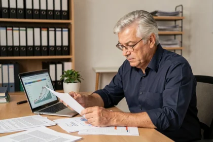 Uomo di mezza età che esamina documenti sulla pensione complementare alla scrivania in un ufficio moderno