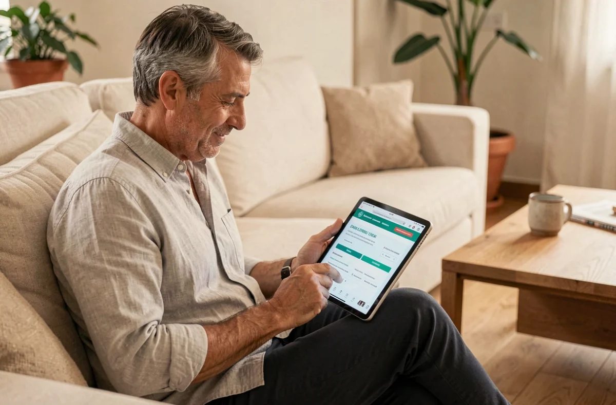 Uomo di mezza età consulta le coperture assicurative sanitarie su un tablet a casa