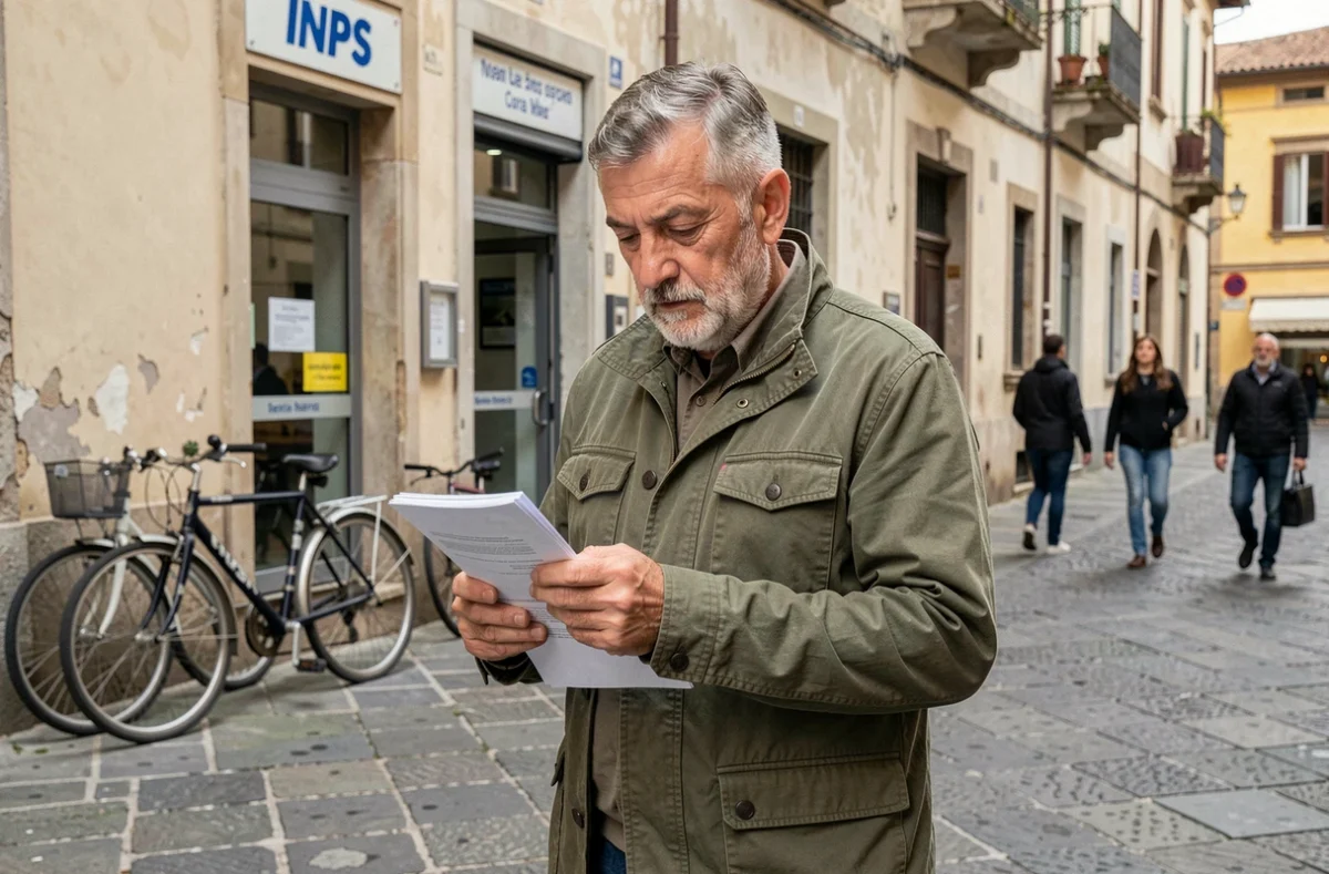 Uomo anziano davanti alla sede INPS con documenti per richiedere la pensione anticipata