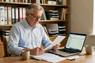 Un uomo di 60 anni esamina documenti sulla pensione e il cumulo gratuito dei contributi alla sua scrivania di casa