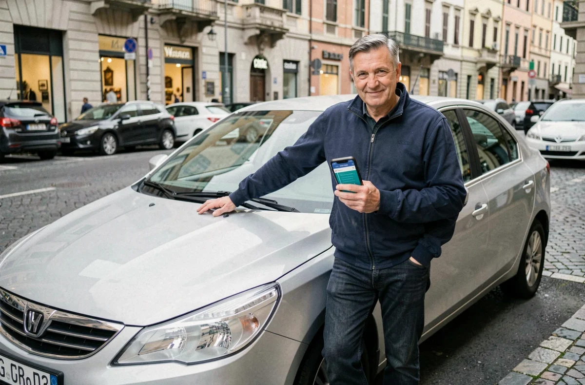 Uomo con smartphone che consulta assicurazione auto accanto alla propria vettura in città