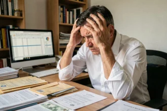 Uomo stressato seduto alla scrivania con documenti di recupero crediti e bollette in mano, preoccupato per debiti e pratiche abusive
