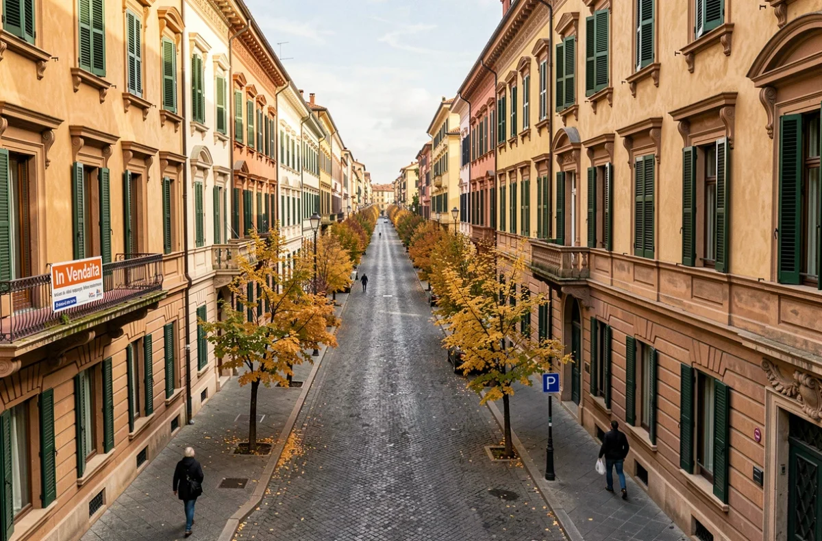 Scorcio di via cittadina italiana con palazzi storici in vendita e cartello immobiliare, mercato 2026