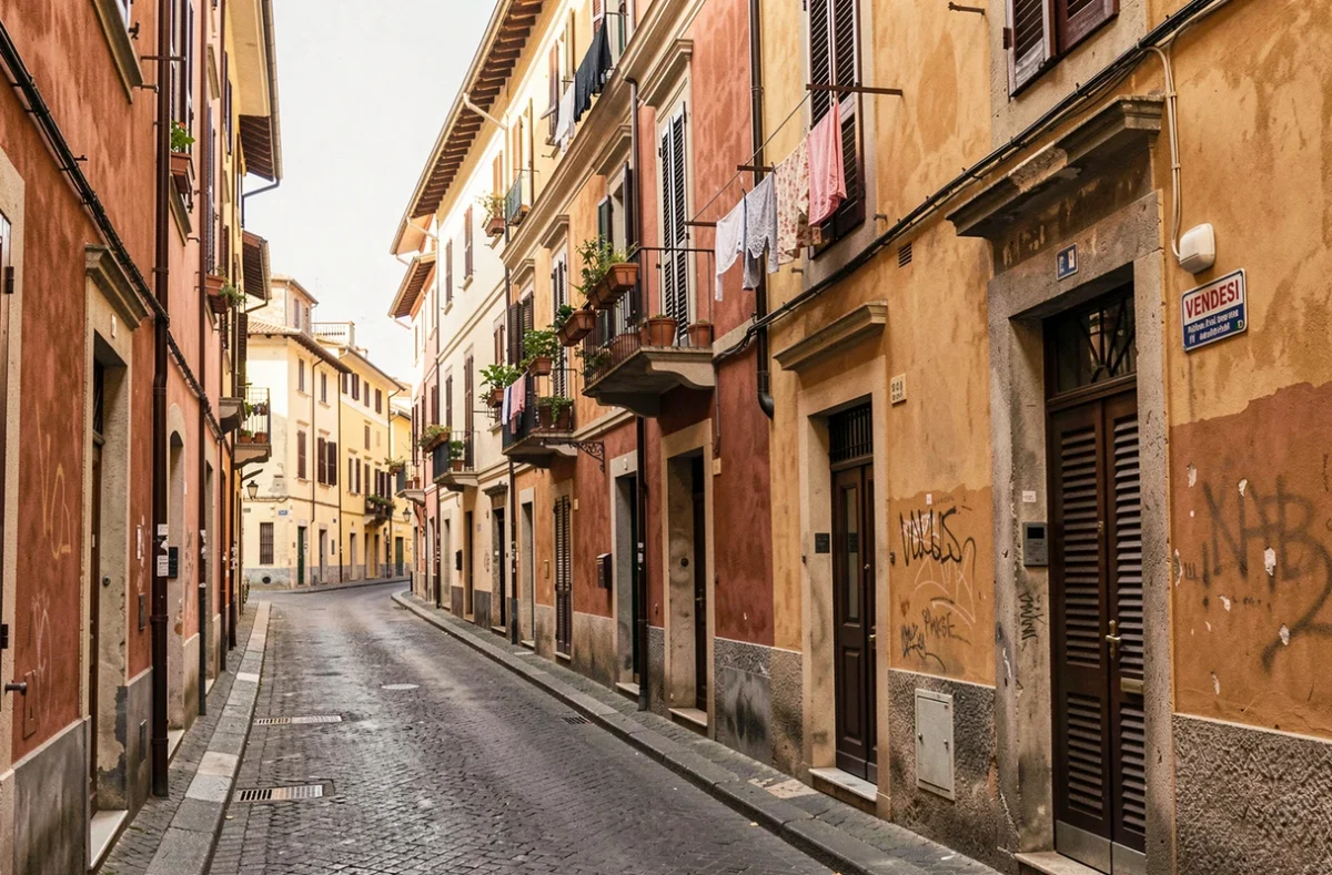 Via residenziale romana con palazzi in stile tradizionale e cartello vendesi, mercato immobiliare italiano e opportunità di investimento